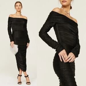 Bronx & Banco Amara Dress Off Shoulder Long Sleeve Ruched Bodycon Midi Black L